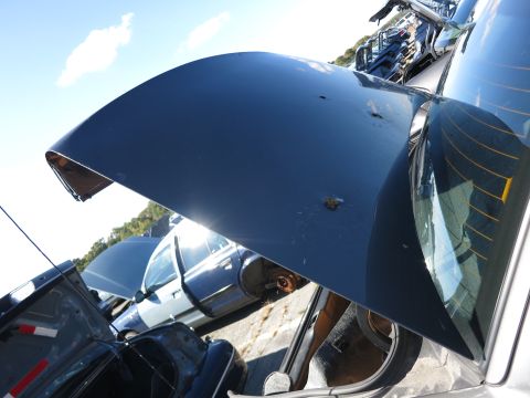 2001 Ford Crown Victoria - A dark blue car hood is open, revealing dents and rust, with a 2001 Ford Crown Victoria visible in the background.