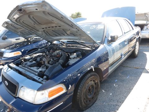 2001 Ford Crown Victoria - Two Ford Crown Victorias parked outside, one with its hood open revealing the engine compartment.