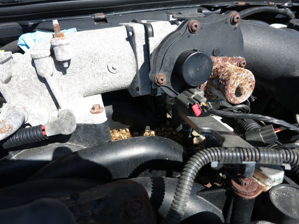 Close-up of a Ford throttle body with some rust on a metal pipe. Wires and hoses are visible