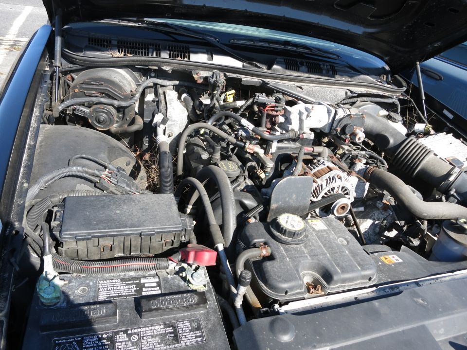 Engine bay of a 2001 Ford Crown Victoria, showing the V8 engine, battery, fuse box, and various hoses and wires