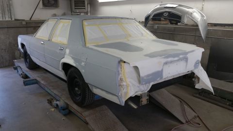 1991 Ford LTD Crown Victoria - Ford Crown Victoria LTD in body shop, rear end undergoing repairs and prep work for paint.