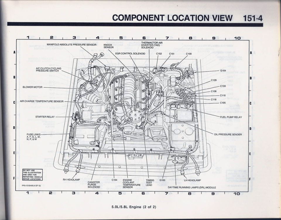 Ford 5.0L/5.8L engine component location view 151-4, sensors and relays callouts