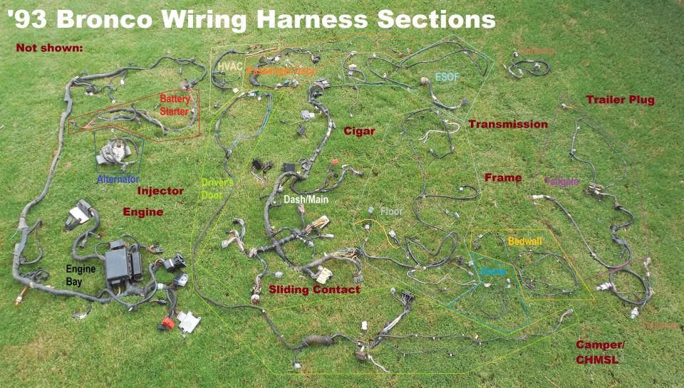 '93 Bronco XLT 5.8L E4OD Wiring Harness Sections
IF THE IMAGE IS TOO SMALL, click it.

The 8 missing sections are:
- engine
- injector
- transmission
- frame
- cigar/power point
- sliding contact (horn pad connection)
- camper/CHMSL
- trailer socket

'92 does not have 4WABS on the engine harness, and has a 2G alternator
'94-96 have a clock spring instead of sliding contact, and optionally add RKE/Theft(exc.'96) to the main/floor/doors, &/or overhead console
'96 adds OBD-II to the engine bay, engine, injector, & dash harnesses

See also:
[url=https://www.fordparts.com/FileUploads/CMSFiles/18376%20Pigtail%20Book%202016.pdf]MotorCraft 2016 Wiring Pigtail Guide[/url]