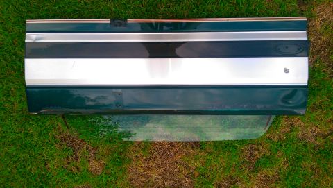 1996 Ford Bronco - Tailgate with horizontal trim pieces, including a silver band and a black band, set against a grassy background.