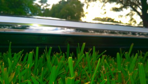 1996 Ford Bronco - Low angle shot of a vehicle's tailgate with grass in the foreground and a reflection of the sky.