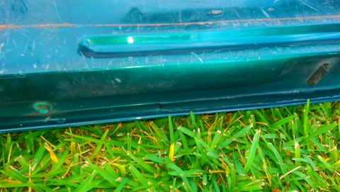 1996 Ford Bronco - Detail of a green vehicle's tailgate, showing some wear and tear.