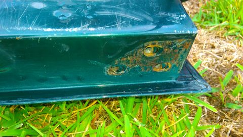 1996 Ford Bronco - Close-up of a green vehicle tailgate corner with visible rust and bolt holes.