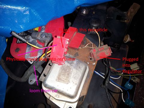1976 Ford Ranchero - Wiring harness connections to a voltage regulator, with annotations indicating plug locations.