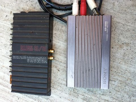 1968 Ford Torino - Two car audio amplifiers, a Yamaha and a Sony, are shown on a textured surface.