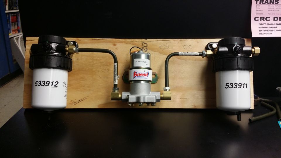 Final layout; nothing changed. 30 micron filter manager handing off to Summit fuel pump going into a 5 micron filter manager which then sends the fuel to the injection pump. Tubes are 3/8 as are all the fittings, in one form or other.