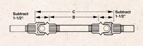1990 Ford Bronco - Dimensioned driveshaft measuring drawing showing length references B and C with 1-1/2 inch subtraction notes at the U-joints.