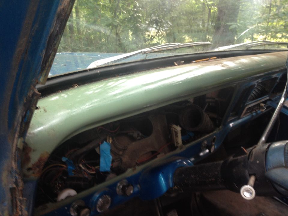 1971 Ford F-250 interior showing dashboard, steering column, and exposed wiring