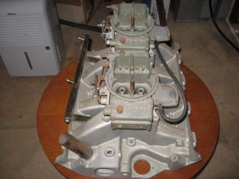 1963 Ford Galaxie - This image shows a pair of Holley carburetors mounted on an intake manifold, likely for a performance engine build.