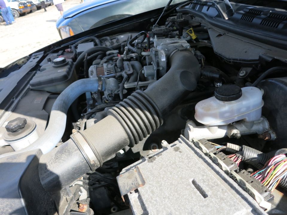 Engine bay with hoses, wiring, and brake fluid reservoir