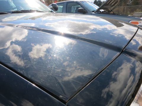 1991 Ford LTD Crown Victoria - A dark blue car hood with visible scratches reflects the sky, with another vehicle in the background.