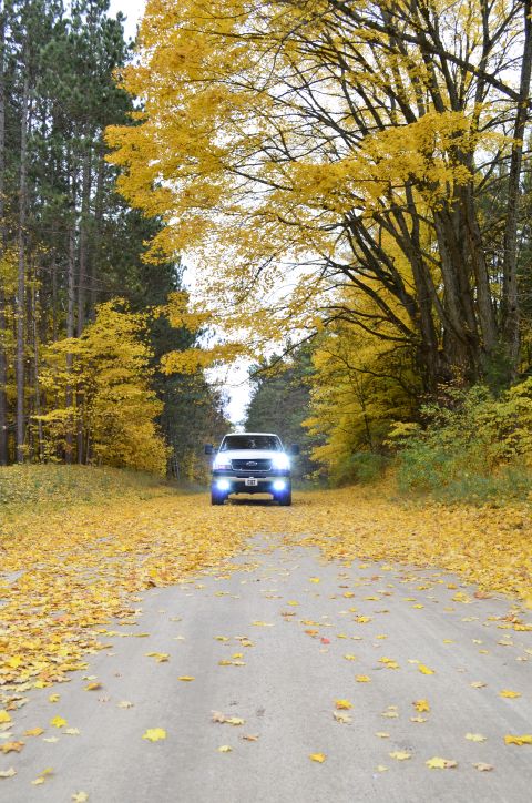 2006 Chevrolet Silverado 2500 - A white pickup truck drives down a leaf-strewn dirt road surrounded by autumn foliage.