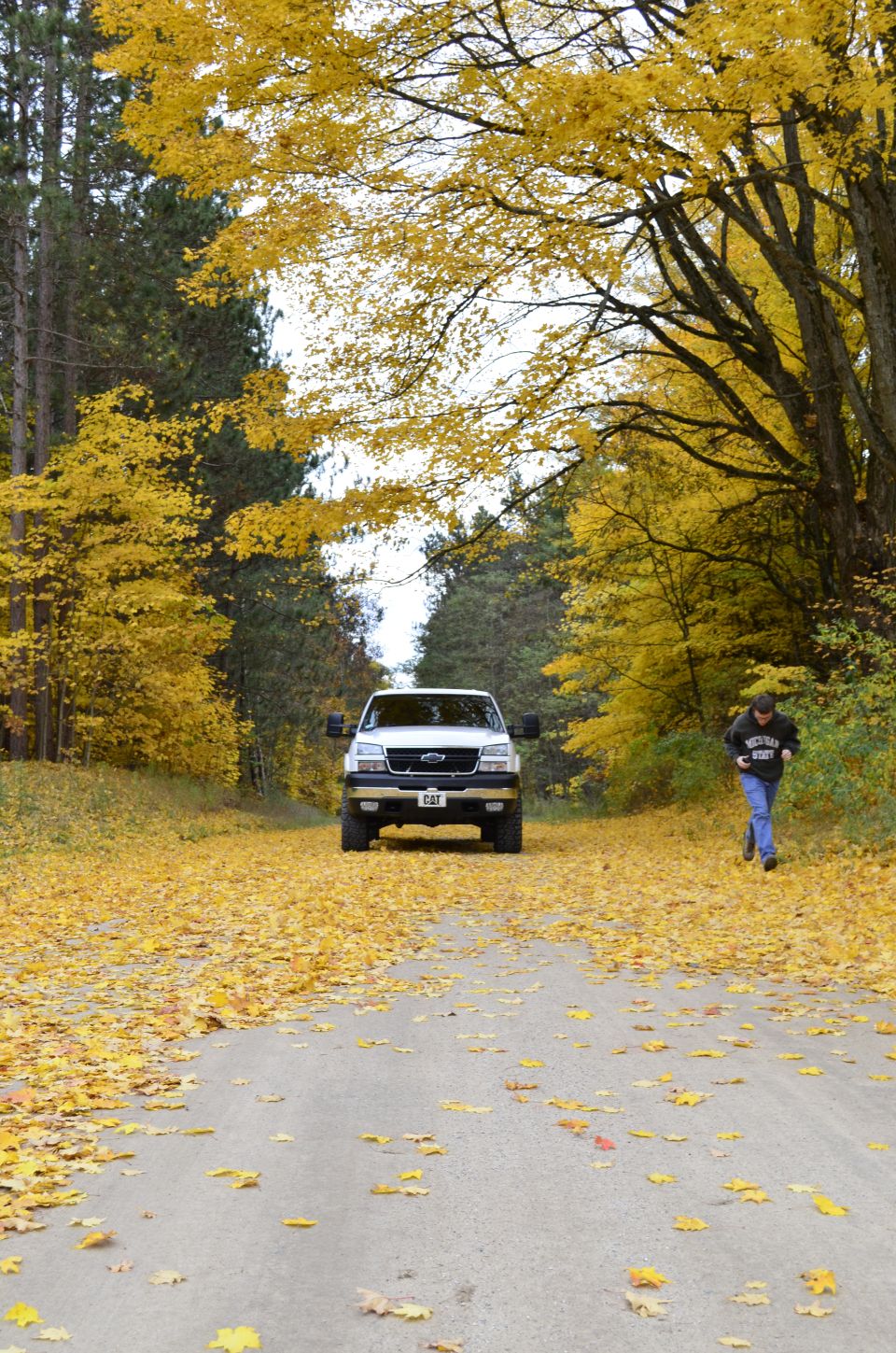 White 2006 Chevrolet Silverado 2500 front view on a road covered in autumn leaves