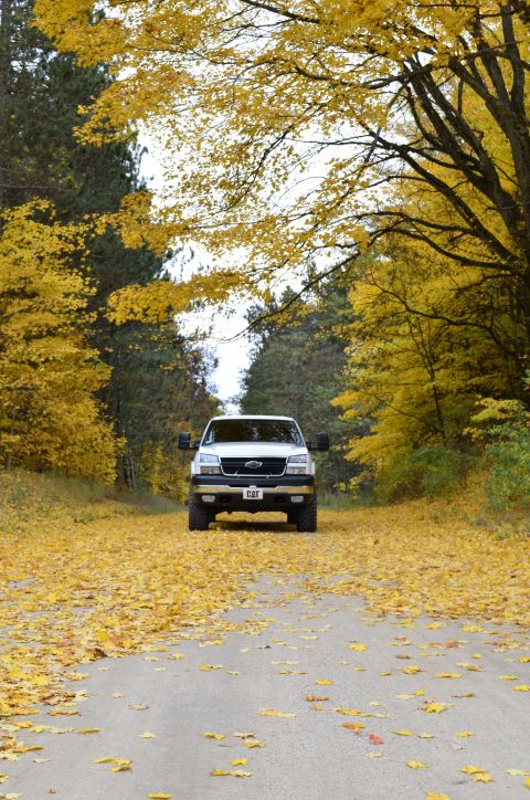 2006 Chevrolet Silverado 2500 - White 2006 Chevrolet Silverado 2500 drives down a road lined with autumn trees and covered in fallen leaves.