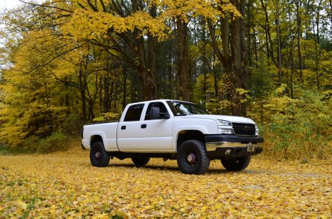2006 Chevrolet Silverado 2500 - A white 2006 Chevrolet Silverado 2500 is parked on a road covered in fallen yellow leaves, with trees in the background.