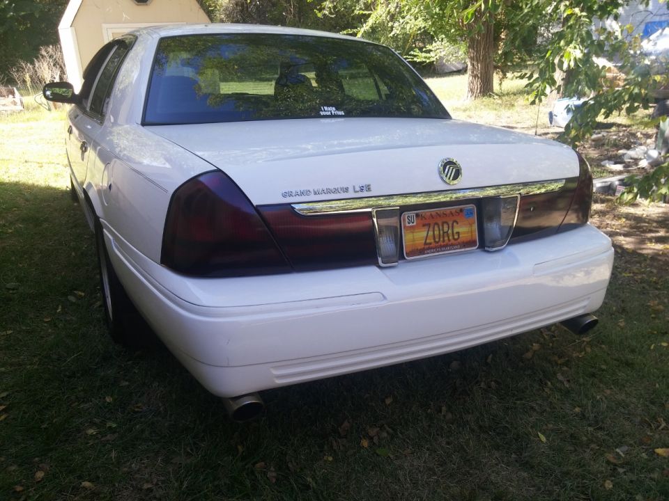 White 2000 Mercury Grand Marquis LSE rear view. Kansas plate ZORG