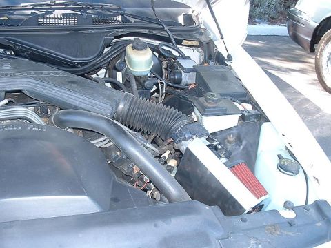1998 Ford Crown Victoria - Engine bay of a vehicle with the hood up showing a red cone air filter tucked near the fender.
