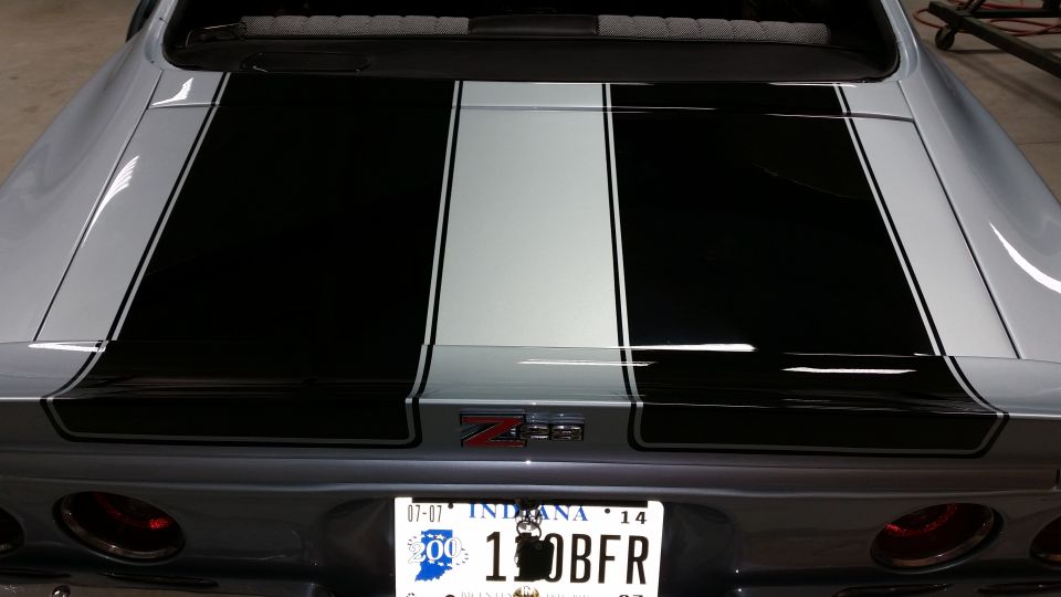 Rear of a 1970 Chevrolet Camaro with Z28 badging and racing stripes