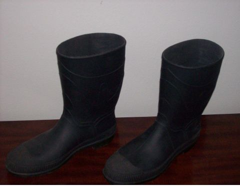 1982 Ford F-100 - A pair of black rubber boots are displayed on a wooden surface against a white wall.