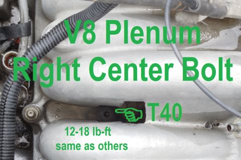 1983 Ford Bronco - V8 intake plenums use a T40 bolt (5/16"-18 x 1.25") in the center right position (passenger side - the photo was taken with the h…