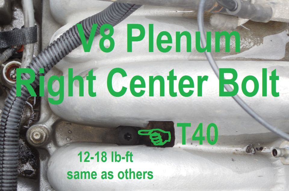 Aluminum V8 intake plenum with recessed T40 bolt and green torque-spec labels
