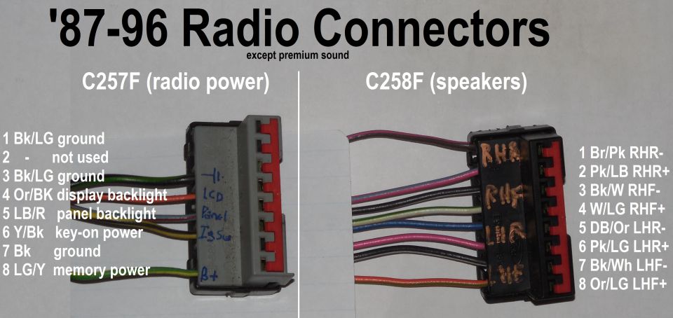 '87-96 radio connectors C257F radio power and C258F speakers with pin wire colors