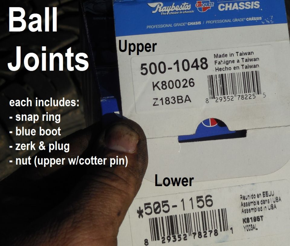 Hand holding Raybestos upper and lower ball joint boxes with part numbers and barcodes