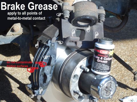 1983 Ford Bronco - After cleaning to the bare metal, brake grease goes at each white pointer, including inside each slide pin boot. DO NOT apply grease to any…