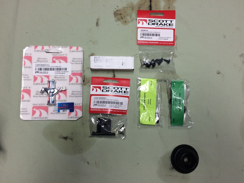 1965 Mustang glove box parts, rear tray clips, accelerator grommet