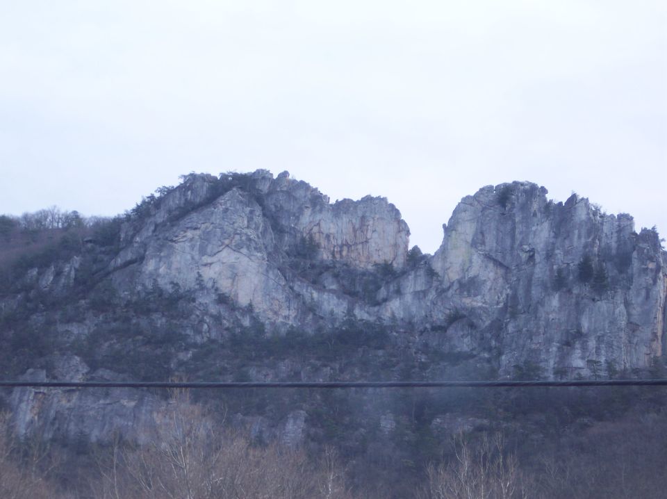 Rocky mountain range with trees and a cloudy sky. A thin wire runs horizontally across the lower part of the image