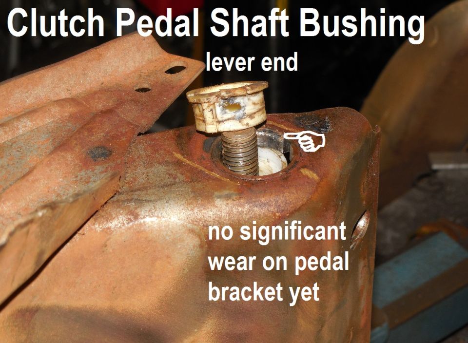 I assumed the shaft had worn into the bracket, but it was just this bushing.  Since I don't have a replacement bushing ([url=https://www.amazon.com/dp/B000O0NQTI/]F3TZ-2C342-A[/url] kit), and I didn't feel like leaving the truck undriveable, I decided to make one.

SEE THE NEXT PIC.

This thread is about a different truck whose pedal bracket ([url=https://www.amazon.com/dp/B005H7ODUE/]F3TZ-2455-A[/url] ~$180 in 2015) was significantly worn:
http://www.fordf150.net/forums/viewtopic.php?f=21&t=117221&p=776326#p776326