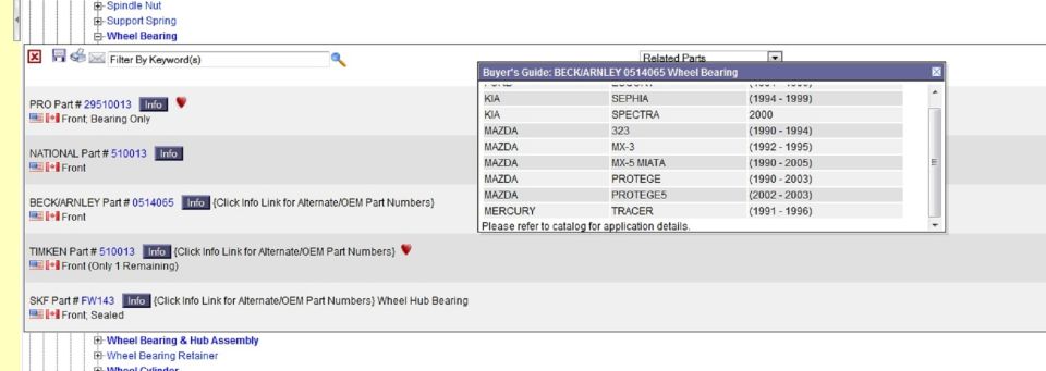 Screenshot of a parts catalog showing wheel bearing applications for various car makes and models, including Mercury Tracer
