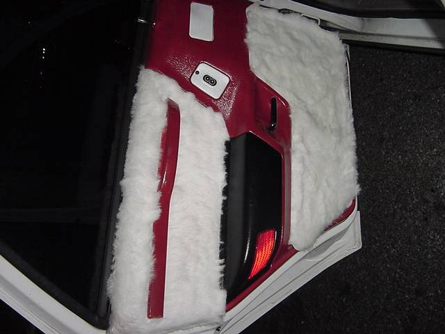 Open car door panel customized with white faux fur and red paint, black armrest with red reflector