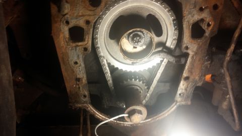 1979 Ford Bronco - Close-up view of an engine's timing chain and gears, showing signs of wear and rust.
