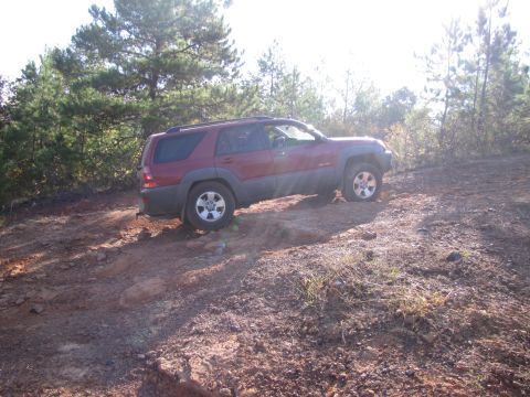 1995 Ford Bronco - A red SUV navigates a rough dirt path surrounded by trees.