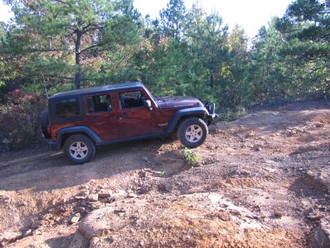1995 Ford Bronco - Jeep Wrangler Rubicon navigates a challenging off-road path with trees in the background.