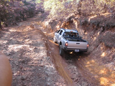 1995 Ford Bronco - A silver pickup truck navigates a muddy, off-road trail surrounded by trees.