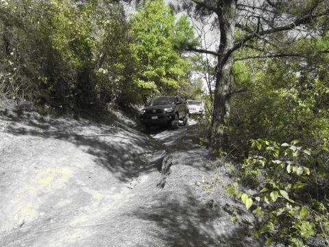 1995 Ford Bronco - Two off-road vehicles navigate a challenging dirt path through a wooded area.