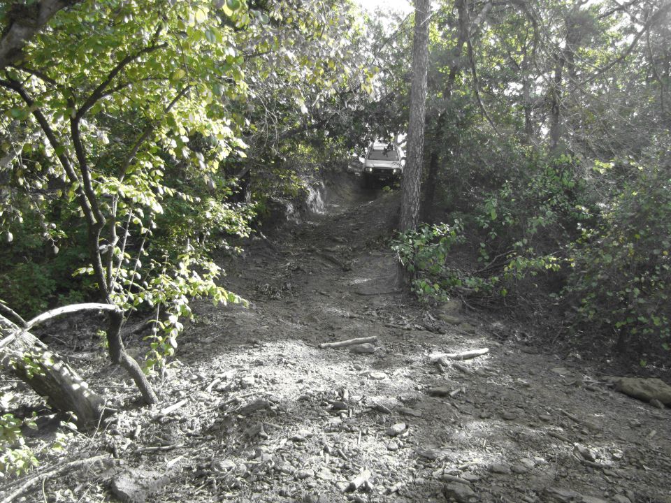 Off-road vehicle climbing a muddy trail through trees