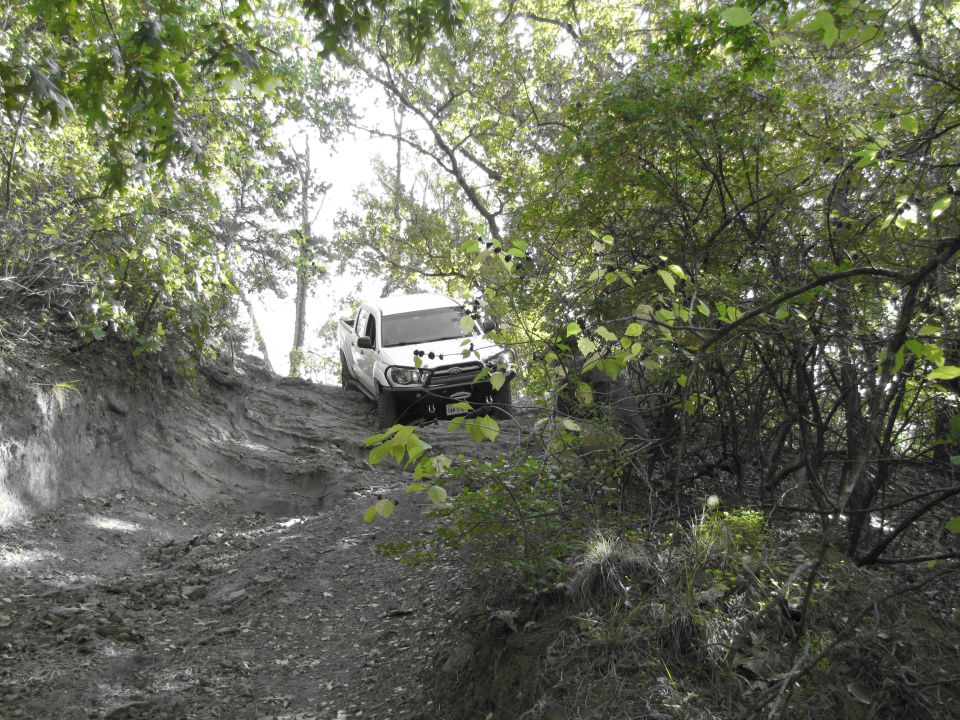 White pickup truck on a dirt trail, front-left view, with aftermarket bumper and grille