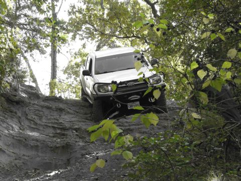 1995 Ford Bronco - A white pickup truck tackles a challenging muddy incline surrounded by trees and greenery.