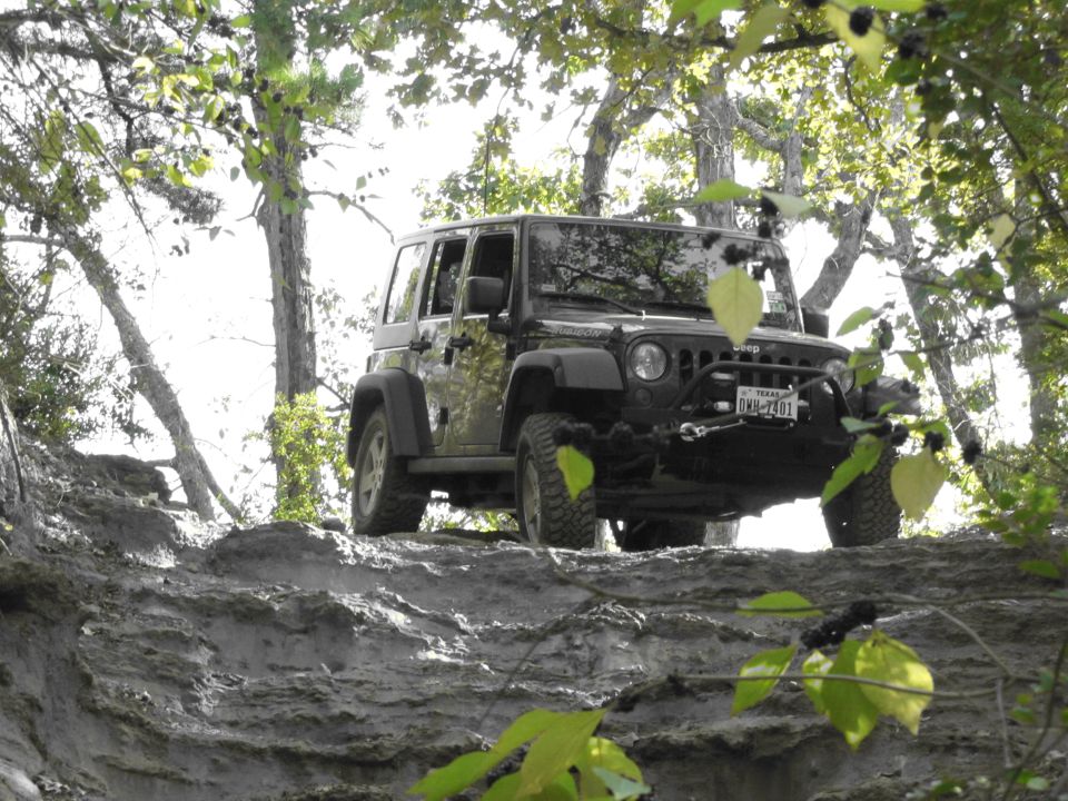 Black Jeep Wrangler on a dirt trail with trees overhead. The vehicle has a bull bar and a Texas license plate