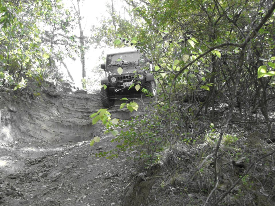 Dark green Jeep Wrangler climbing a steep, muddy trail, surrounded by trees