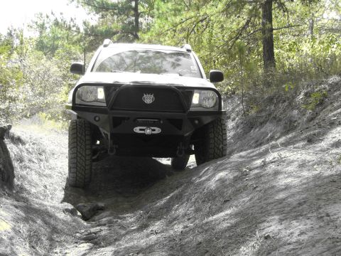 1995 Ford Bronco - A white SUV navigates a dirt path with trees in the background.