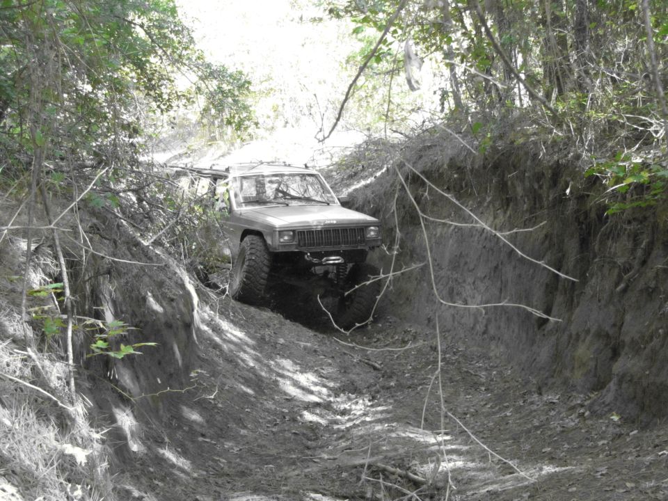 Jeep Cherokee XJ driving down a muddy ditch with trees on either side