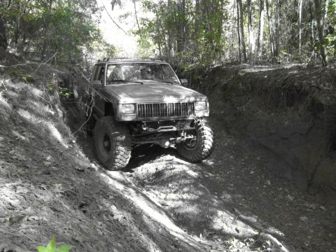 1995 Ford Bronco - Jeep Cherokee XJ navigates a steep, wooded off-road path.